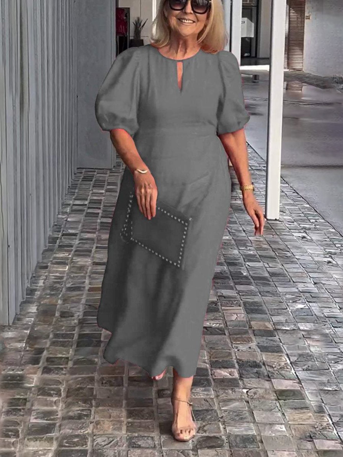 Evening Dress Formal Dress Solid Color Loose-Fitting Casual Round-Neck Small Lantern Sleeves