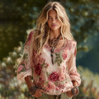 Vintage Floral Art Embroidery Linen Long Sleeves T-shirt