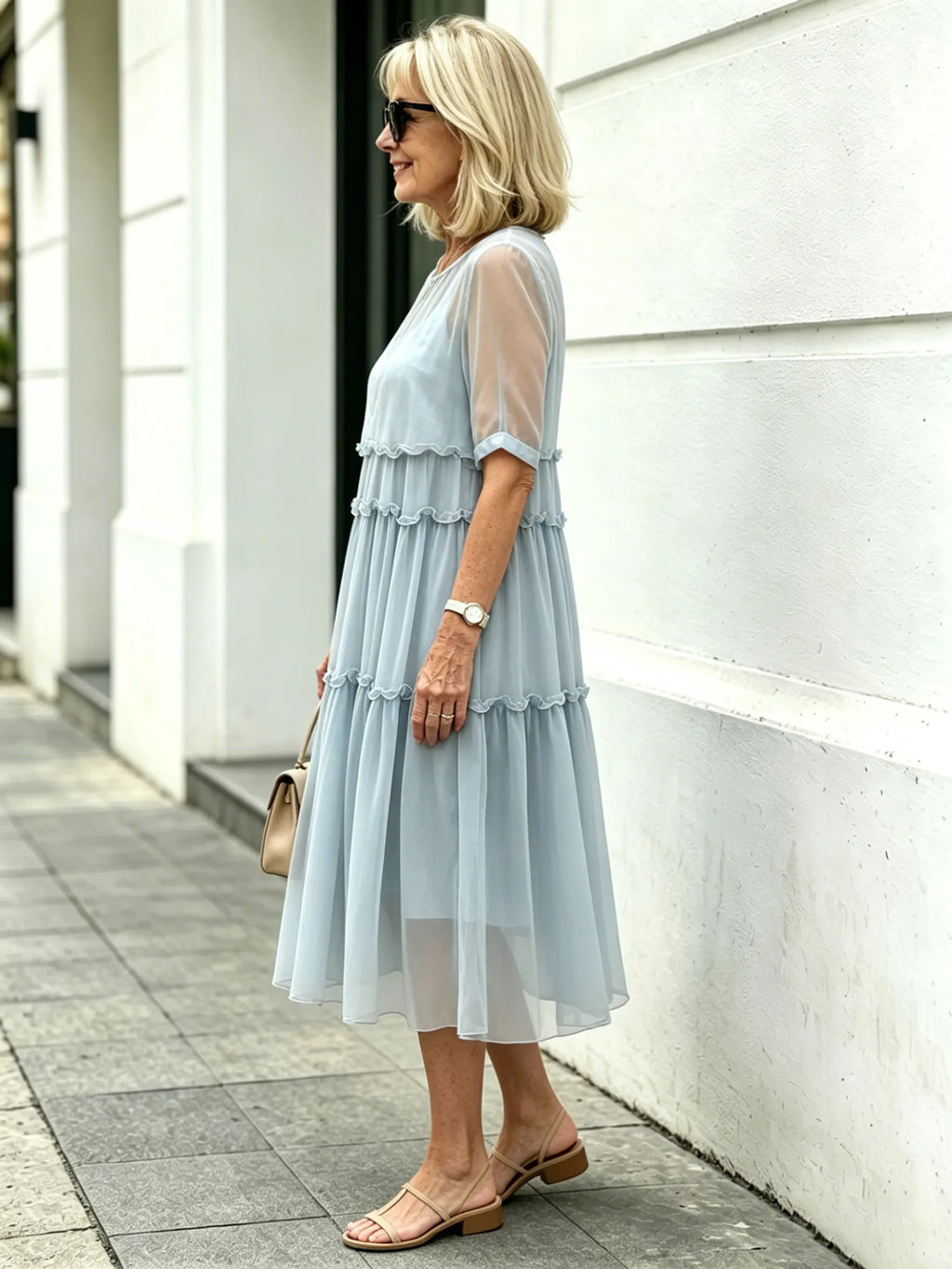 Light Blue Tiered Ruffle Chiffon Midi Dress, Round Neck Flutter Short Sleeve Loose Plus Size Elegant Women Dress