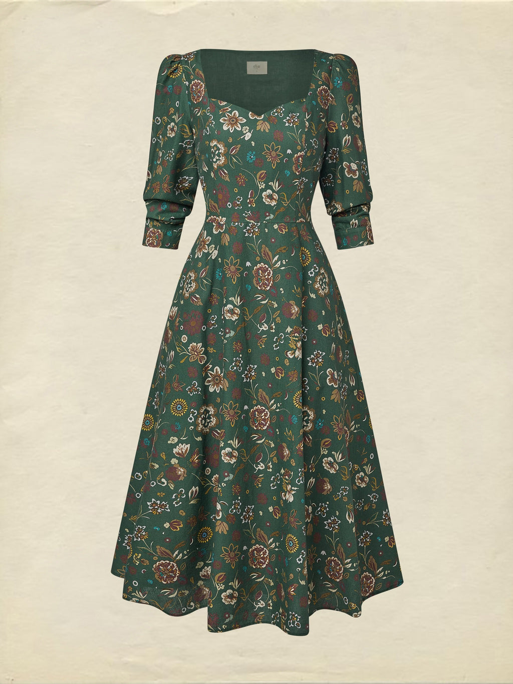 Midi Linen Dress, Long Sleeves, Square Neck, Paisley, Vintage, Green