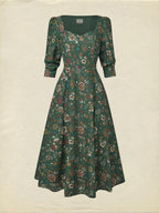 Midi Linen Dress, Long Sleeves, Square Neck, Paisley, Vintage, Green