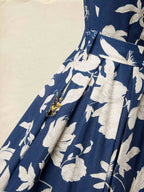 Midi Linen Dress , Cap Sleeves, V Neck, Floral, Button Design, Vintage, Dark Blue