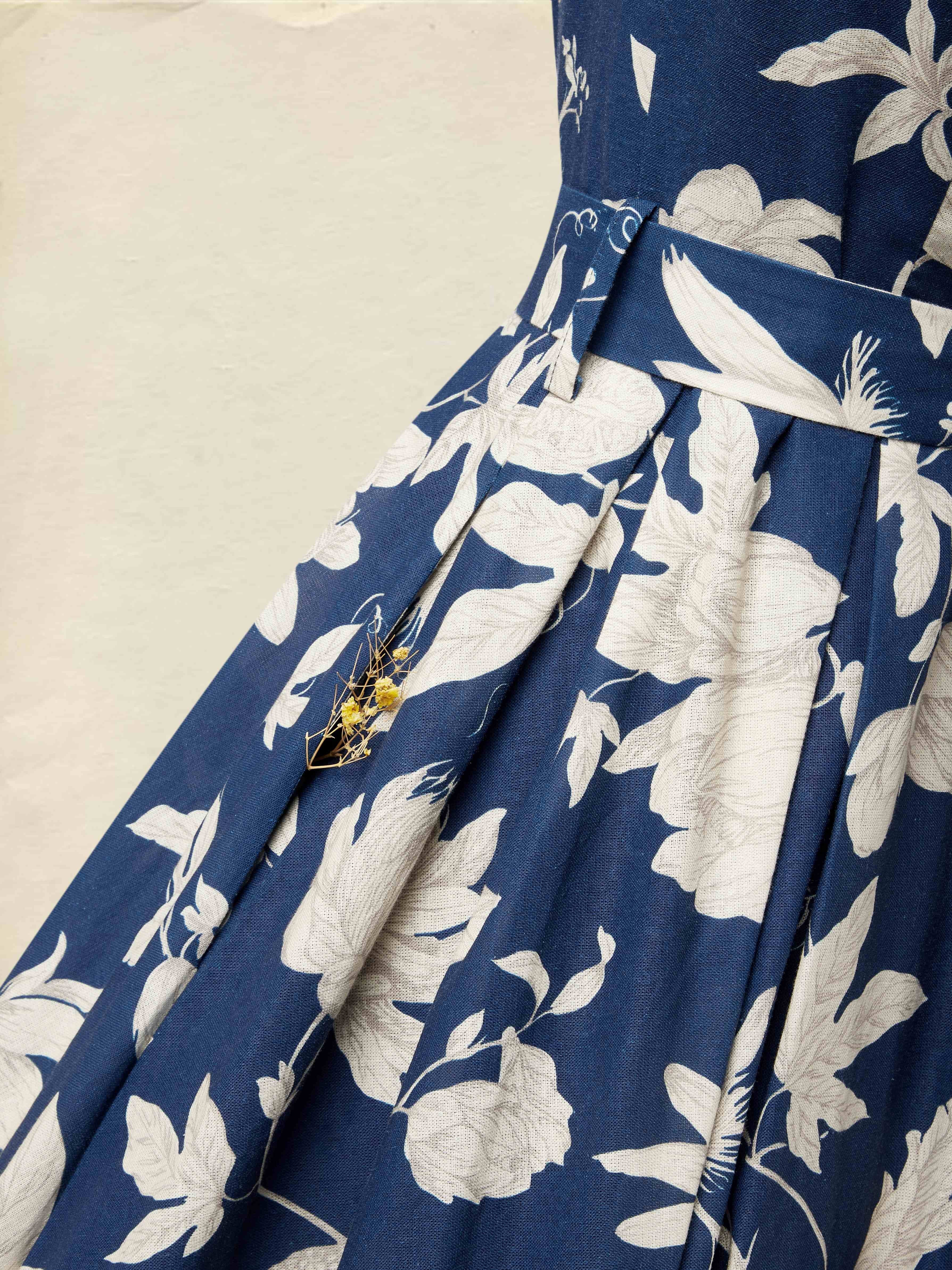 Midi Linen Dress , Cap Sleeves, V Neck, Floral, Button Design, Vintage, Dark Blue
