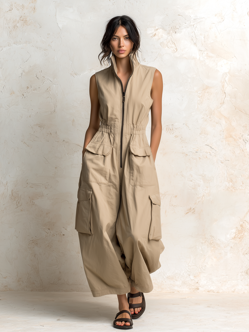 Beige Cotton Twill Sleeveless Utility Cargo Jumpsuit