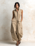Beige Cotton Twill Sleeveless Utility Cargo Jumpsuit