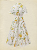 Linen Midi Dress, Short Sleeve, Floral, Vintage, White