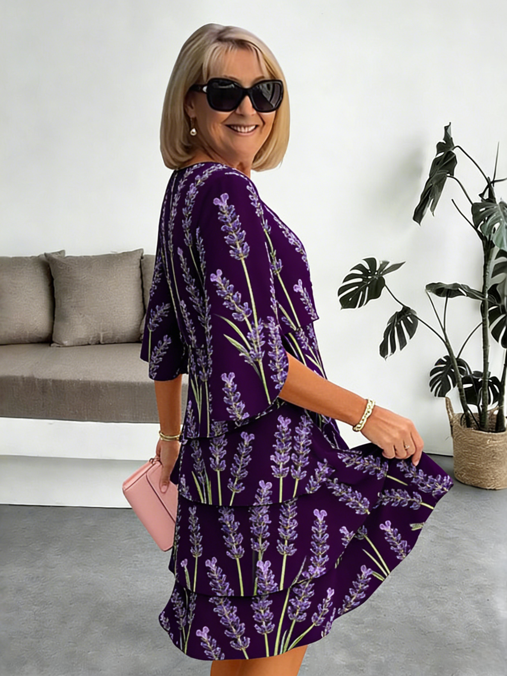 Lavender Chiffon Vacation Prints Color Round Neck Cake Skirt Splicing Dress Mid-length