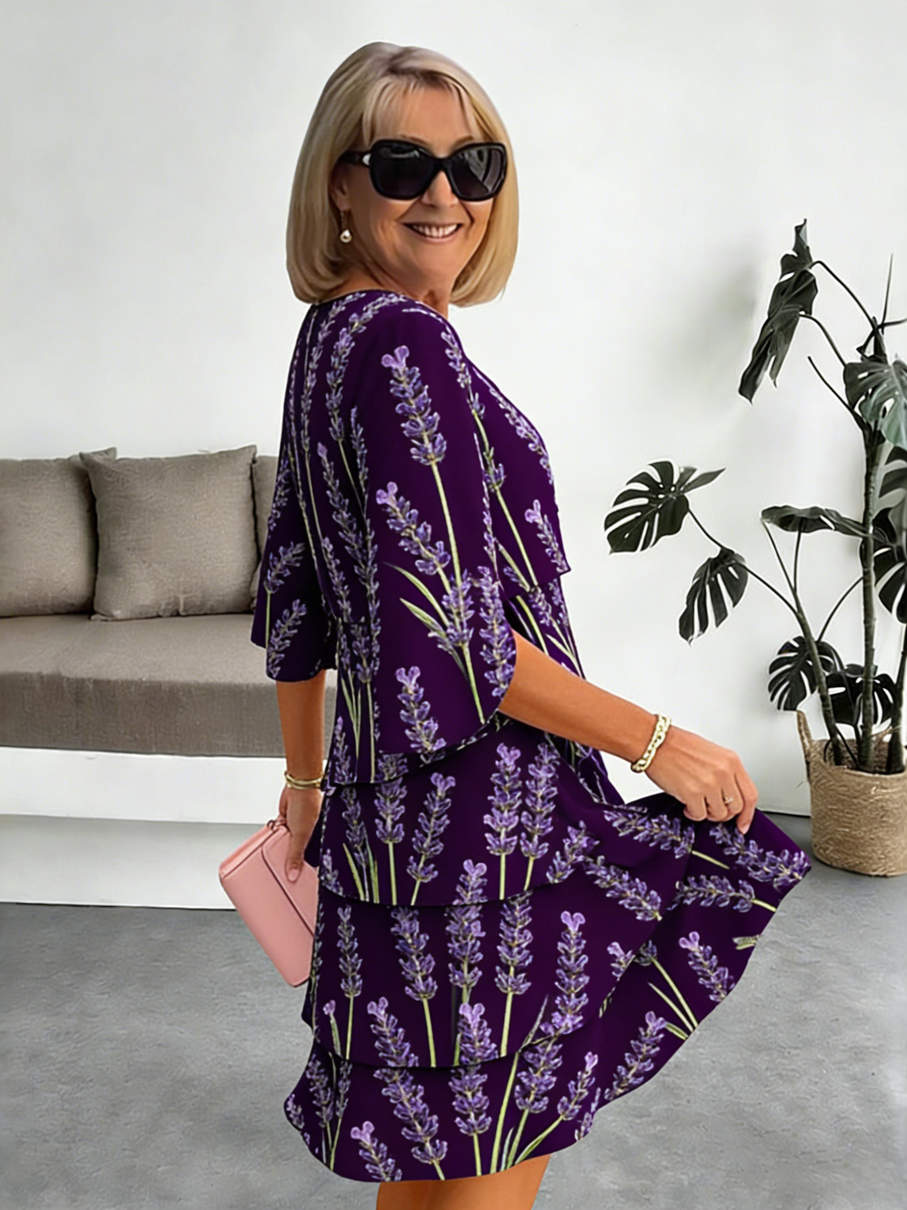Lavender Chiffon Vacation Prints Color Round Neck Cake Skirt Splicing Dress Mid-length
