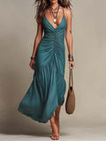 Bohemian Tencel Spaghetti Strap Ruched Tiered Maxi Dress