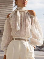 Polka Dot Cold-Shoulder Chiffon Blouse With Scarf Tie