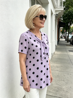 Yellow Polka Dot Chiffon Blouse, V Neck Front Tie Short Sleeve Loose Tummy Concealing Shirt for Mature Women