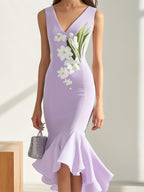 Elegant Lilac Sleeveless Mermaid Dress with Side Lily Print