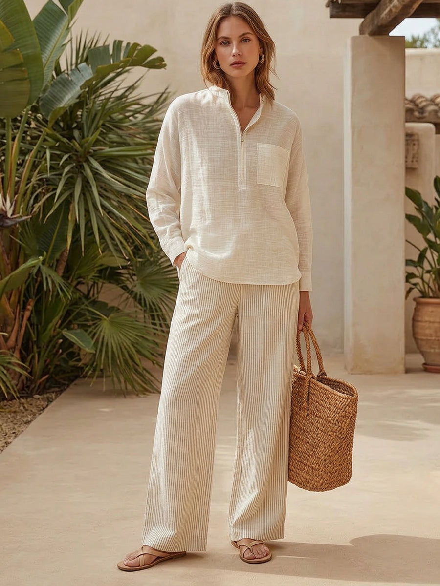 Casual "old Money" Style Two-piece Set: Half-zip Linen-cotton Top And Striped Trousers