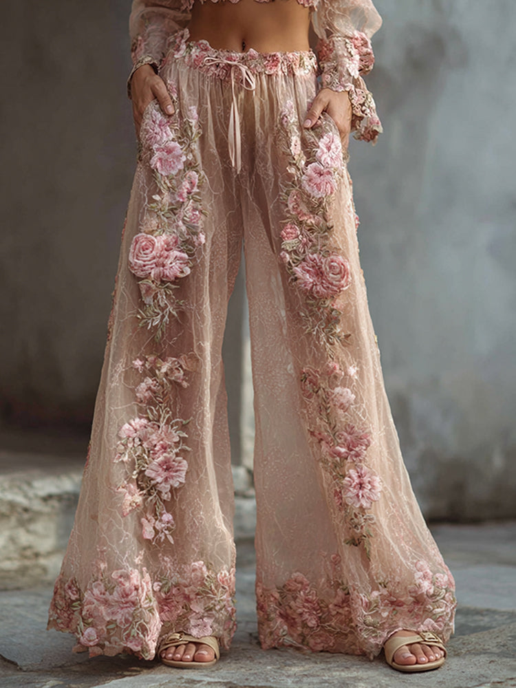 Women's Vintage Floral Embroidered Art Print Flowy Linen Blend Casual Pants