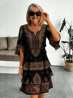 Chiffon Vacation Prints Color Round Neck Cake Skirt Splicing Dress Mid-length