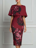 Burgundy Rose Print Cape Sleeve Bodycon Midi Dress