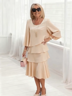 Long Dress Half Sleeve Fashion Cake Skirt Women's Temperament Loose and Thin Round Neck Dress