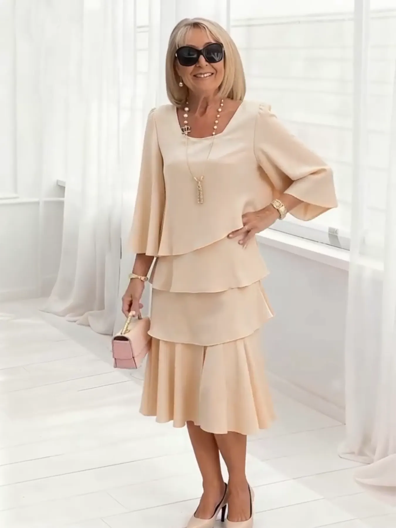 Long Dress Half Sleeve Fashion Cake Skirt Women's Temperament Loose and Thin Round Neck Dress