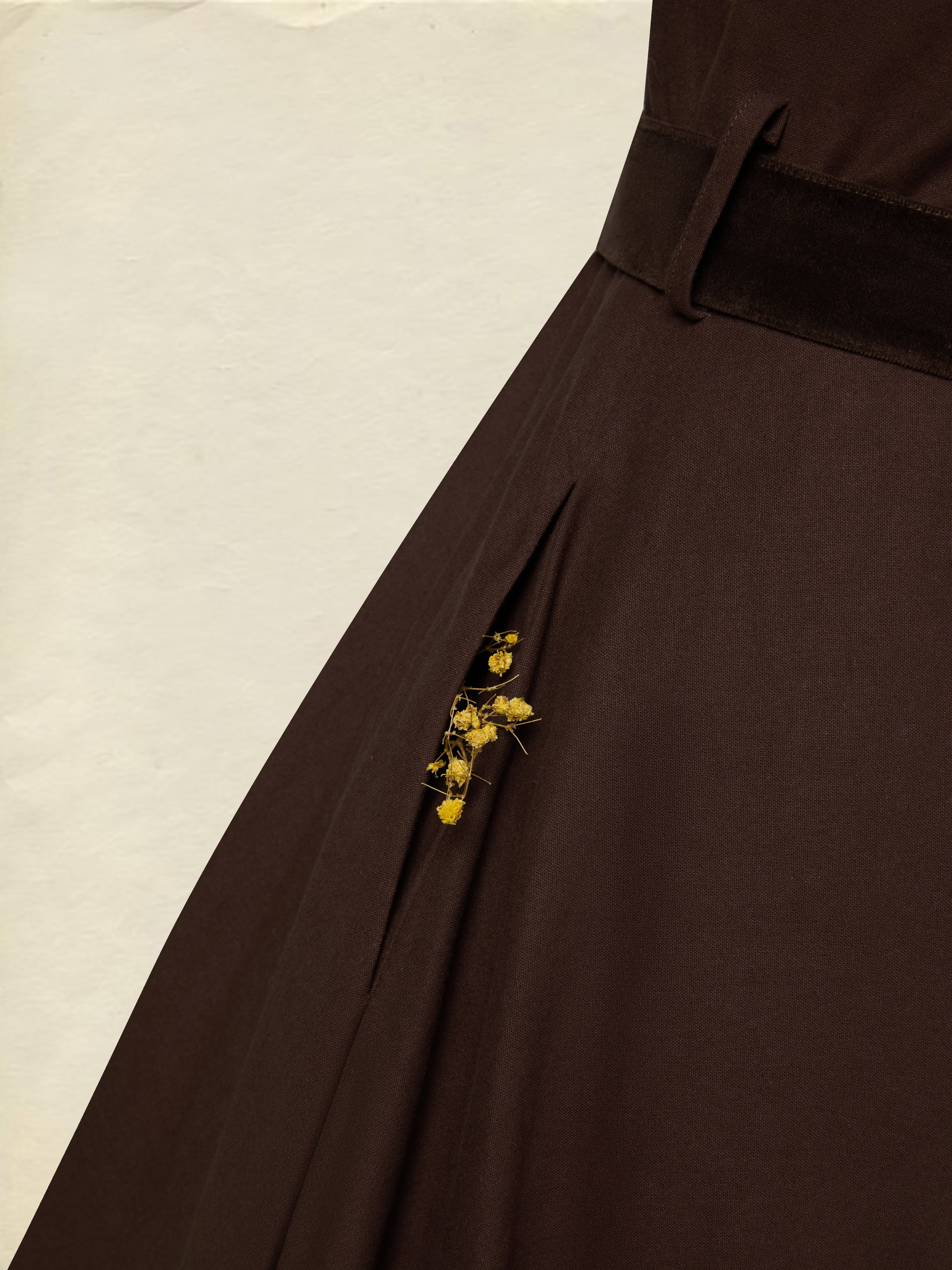 Midi Cotton Dress, Long Sleeves, Shawl Collar, Plain, Belt Design, Vintage, Coffee
