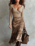 Ribbed Knit Top With Printed Chiffon Midi Dress