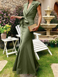 (SIZE:XS-XXL) Cotton Maxi Dress, Cap Sleeve, Lapel Collar, Plain, Vintage, Green