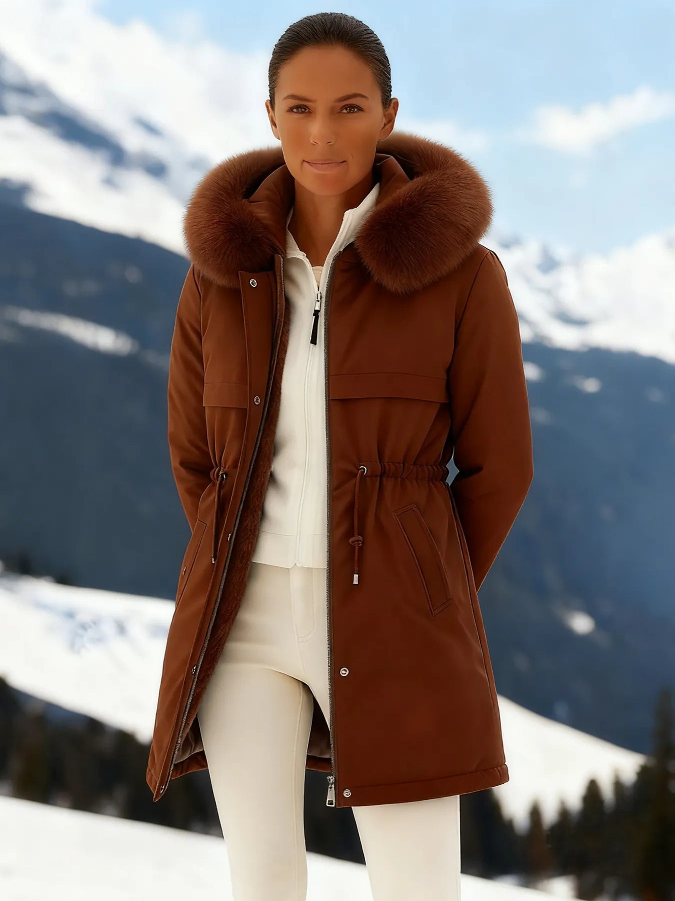 Outfits Cotton-padded Jacket Medium and Long, Large Fur Collar, Down Cotton-padded Jacket, Down Cotton-padded Jacket.