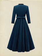 Midi Cotton Dress, Half Sleeve, Stand Collar, Plain, Button Design, Vintage, Deep Blue