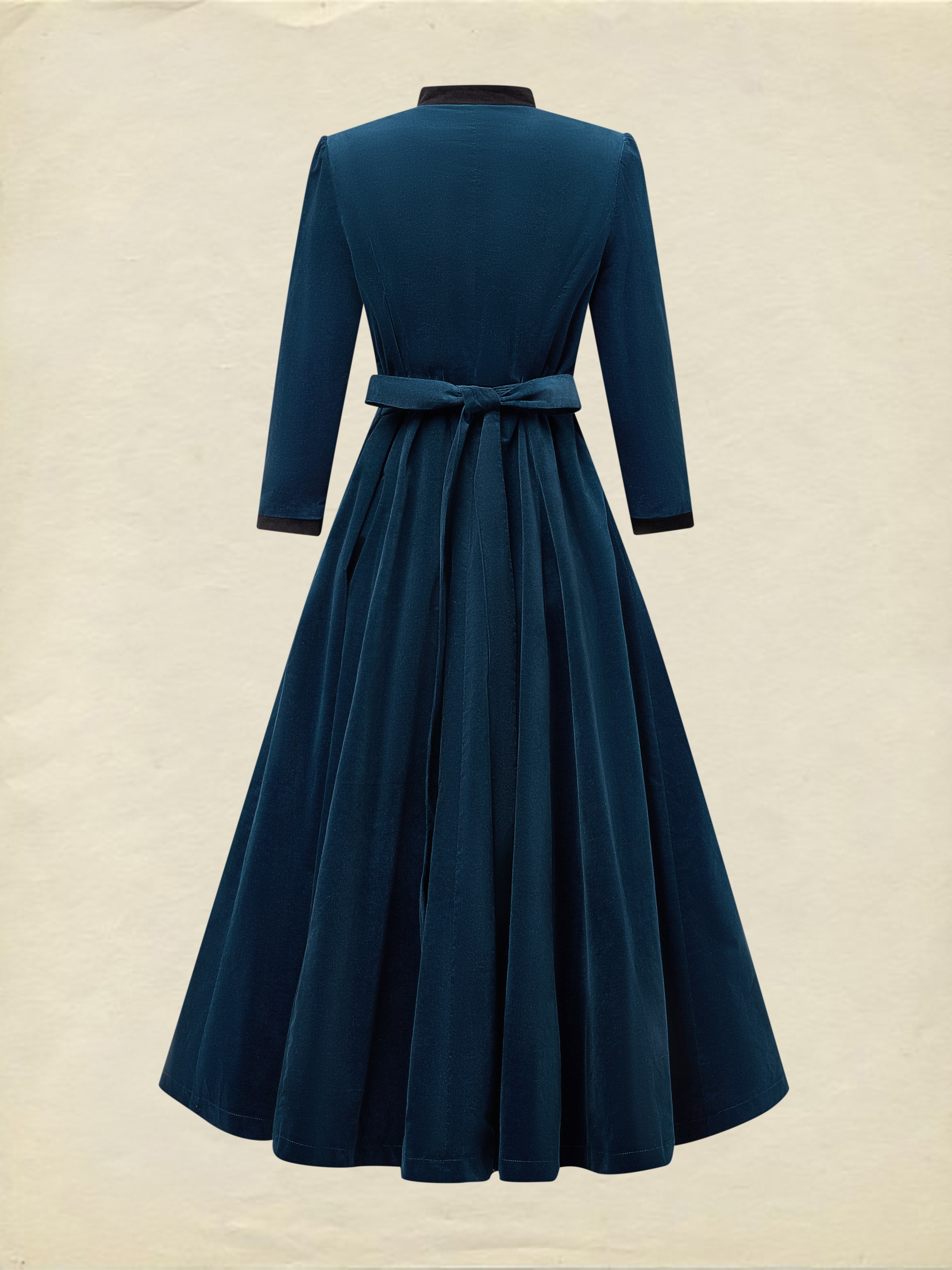 Midi Cotton Dress, Half Sleeve, Stand Collar, Plain, Button Design, Vintage, Deep Blue