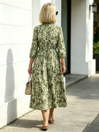 Navy Vintage Floral Maxi Dress, Ruffle Neck 3/4 Sleeve Elastic Waist Slimming Dress for Mature Women