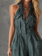 Casual Retro Green Denim Lapel Wide-Leg Jumpsuit
