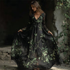 Vintage Gothic Black Roses Vines Fiber Art Flowy Maxi Dress