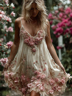 Women's Vintage Floral Embroidery Art Comfy Linen Mini Dress