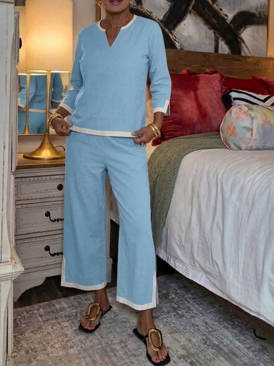 Women's Casual Cotton Set: Loose-fit V-neck 3/4-sleeve Top & High-waisted Wide-leg Pants