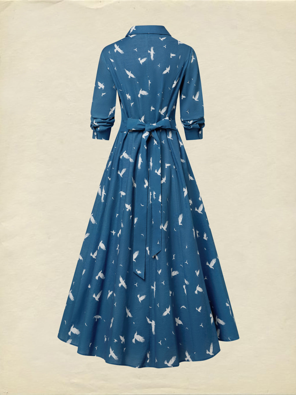 Maxi Linen Dress, Long Sleeves, Shawl Collar, Bird, Button Design, Vintage, Blue