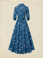 Maxi Linen Dress, Long Sleeves, Shawl Collar, Bird, Button Design, Vintage, Blue