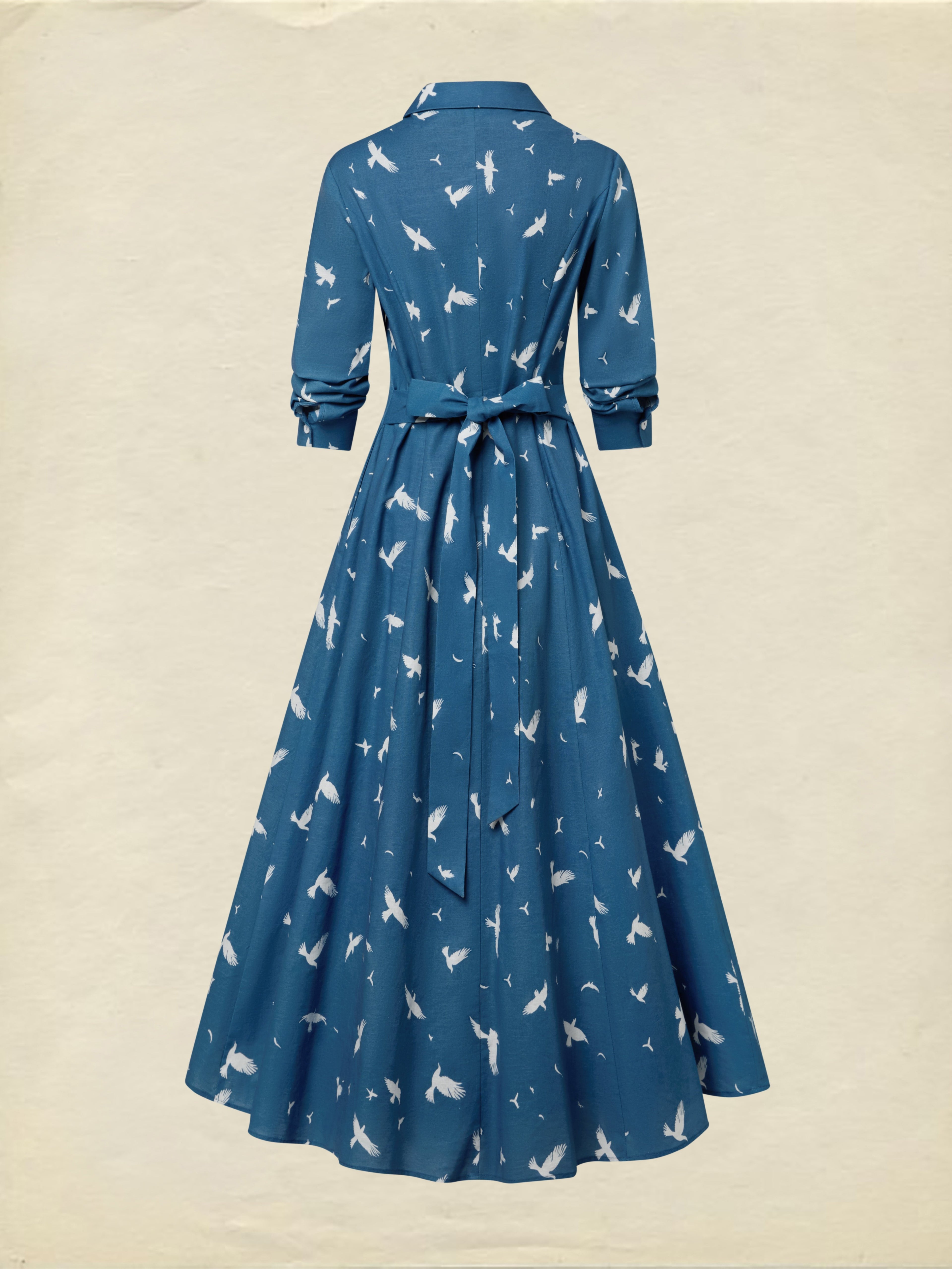 Maxi Linen Dress, Long Sleeves, Shawl Collar, Bird, Button Design, Vintage, Blue