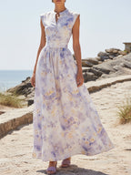 Maxi Linen Dress, Cap Sleeves, V Neck, Floral, Button Design, Vacation, Vintage, lavender
