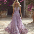 Vintage Boho Glitter Roses Embroidered Flowy Maxi Dress