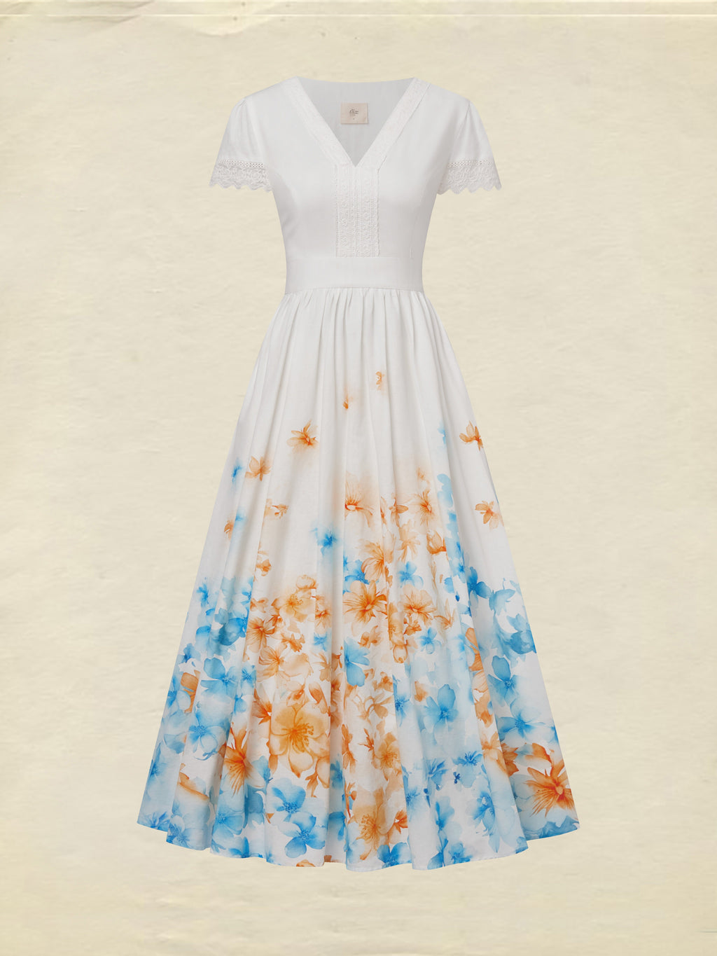 Linen Maxi Dress, Short Sleeve, Lace Collar, Floral, Vintage, White
