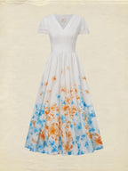 Linen Maxi Dress, Short Sleeve, Lace Collar, Floral, Vintage, White