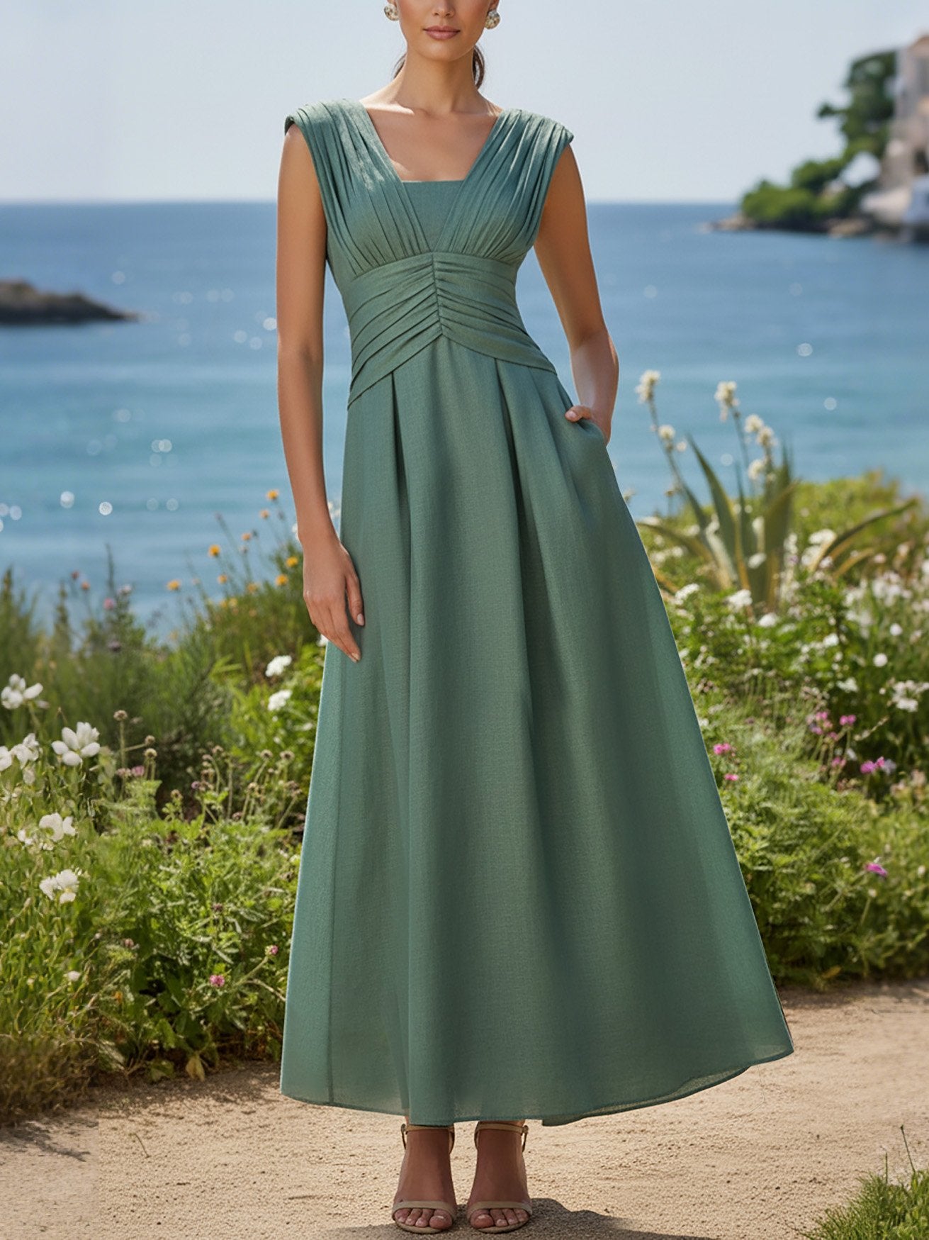 Maxi Linen Dress, Sleeveless, V Neck, Plain, Vintage, Green
