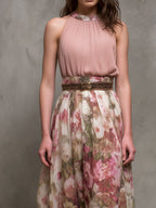 Elegant Blush Pleated Floral Print Halter Maxi Dress