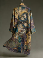 Men's Vintage Japanese Calligraphy Dragon Art Pattern Linen Blend Long Kimono