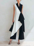Black & White Asymmetric Wrap Top & Wide-Leg Pants Set