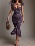 Retro Ruched Ruffle-Sleeve Fishtail Midi Dress
