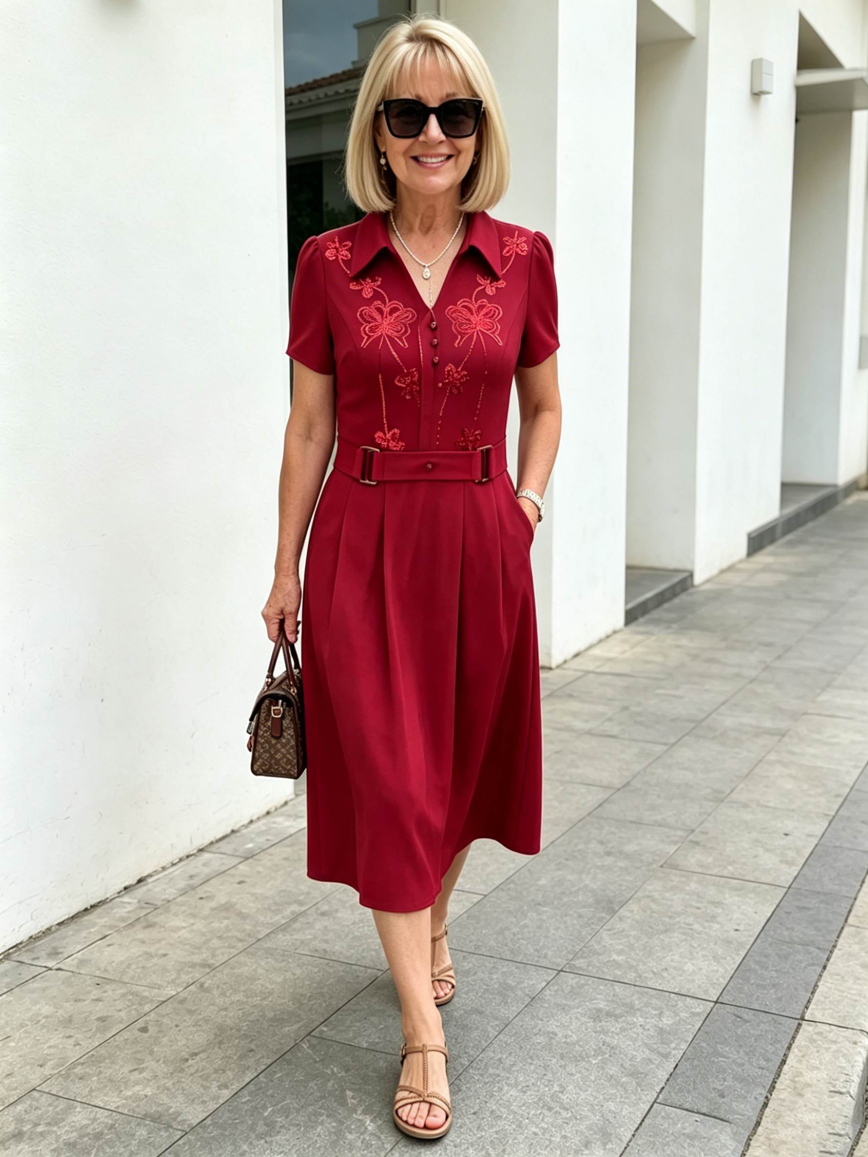 Brown Collared Sequin Embellished A-Line Midi Dress, Belted Waist Short Sleeve Elegant Dress for Mature Plus Size Women