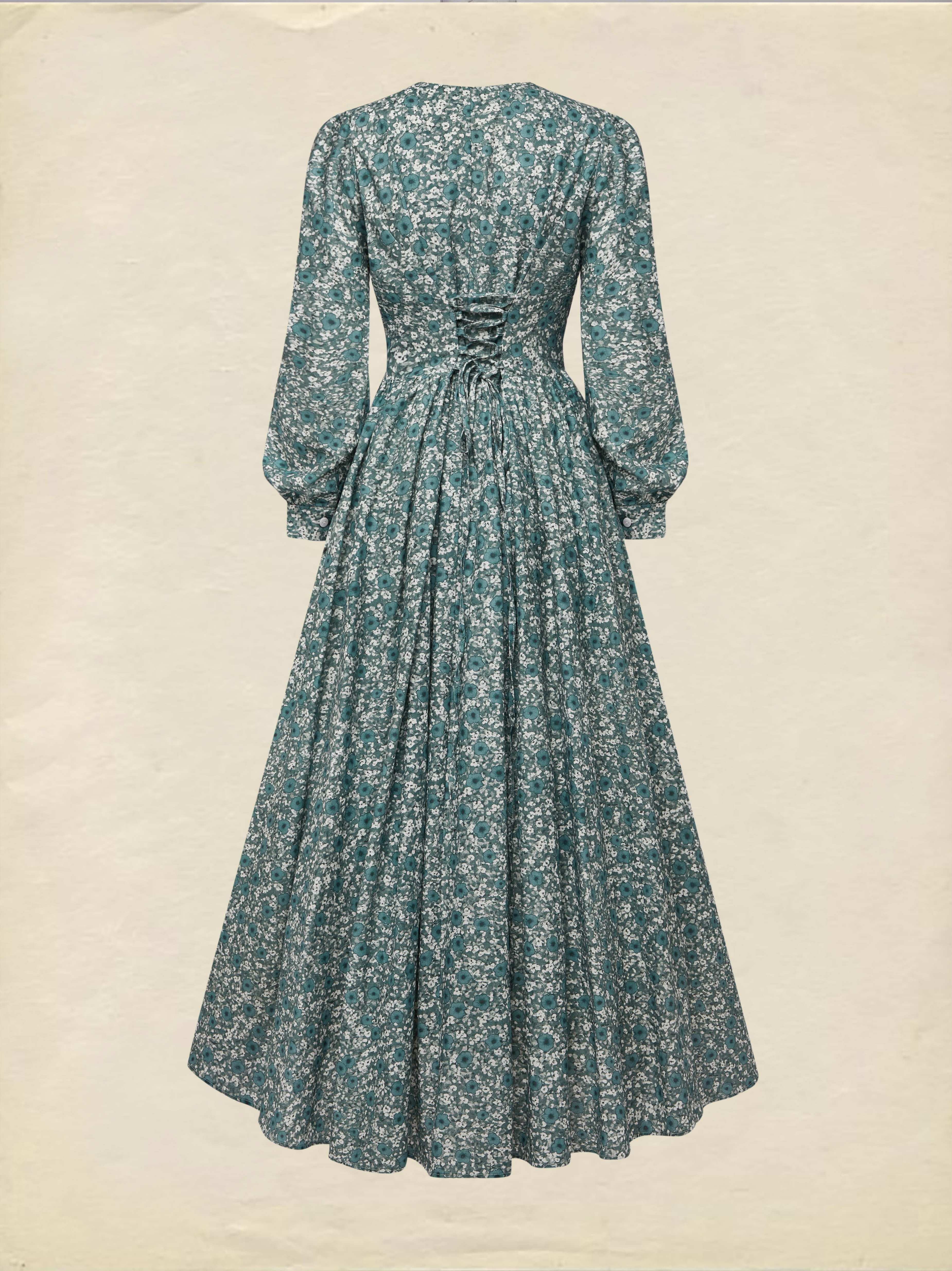 Maxi Linen Dress, Long Sleeves, V Neck, Floral, Button Design, Vintage, Green