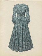 Maxi Linen Dress, Long Sleeves, V Neck, Floral, Button Design, Vintage, Green