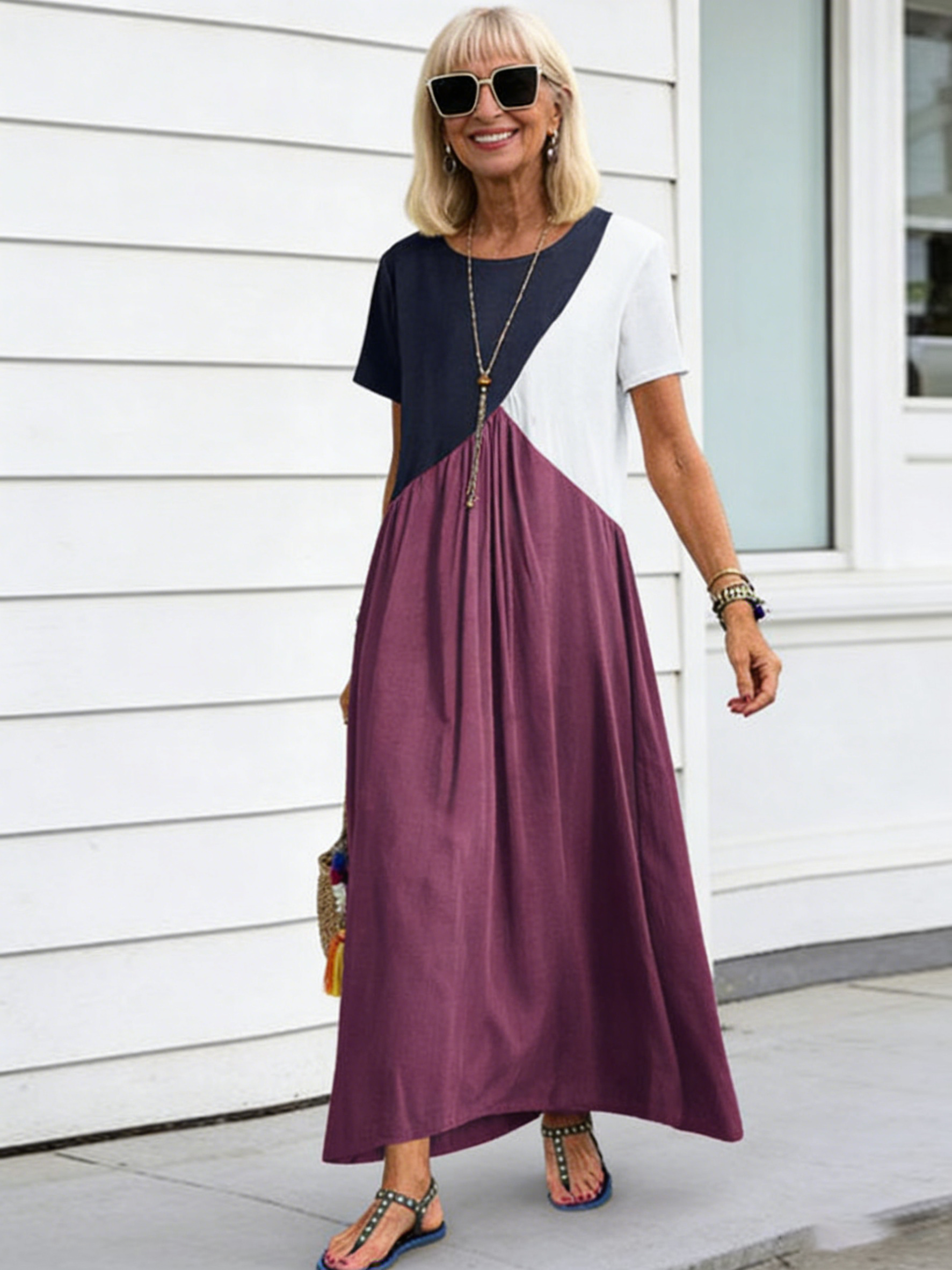 Splicing Short Sleeve Dress Long Dress