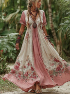 Women's Vintage Rose Floral Pattern V-neck Dress